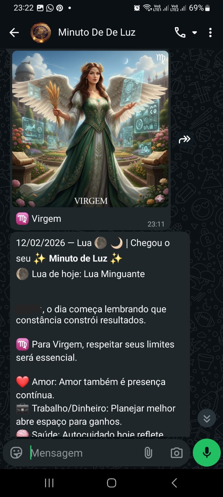 Exemplo de mensagem diária do Minuto de Luz no WhatsApp
